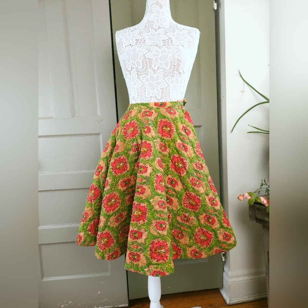 Handmade Quilted Full Vintage 1950s Swing Skirt Green Orange Floral XS